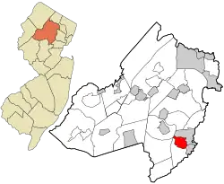Location of Madison in Morris County highlighted in red (right). Inset map: Location of Morris County in New Jersey highlighted in orange (left).