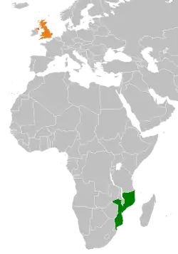 Map indicating locations of Mozambique and United Kingdom