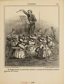 A yellowed page featuring a frowning white man standing on a podium looking at a lectern with a paper sheet. He is rising a baton with this right hand. He is surrounded by more than 9 babies holding music instruments. The babies are so young that they are held standing in baby walkers and wear baby bumper headguard caps. The caricature is signed "CHAM". The original caption is "Mr Wagner prenant le parti de faire exécuter sa musique de l'avenir par des musiciens également de l'avenir". The page is numbered 149 and entitled "ACTUALITÉS". The footers are "mon Martinet,172,r.Rivoli et 41,r.Vivienne" and "Lith Destouches,28,r.Paradis Pre Paris". It has stamps "CARNAVALET", "DEPOT LEGAL" and "1860".