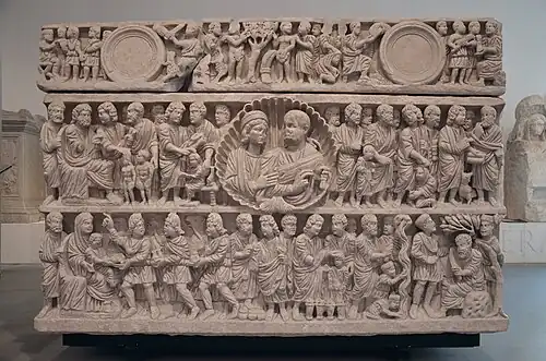 Roman shell-shaped medallion on a sarcophagus of a married couple, early 4th century, marble, Musée de l'Arles antique, Arles, France[5]