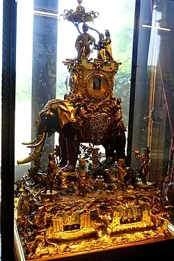 Elephant musical automaton by Hubert Martinet, London, 1768–1772, bronze with gilt and patinated bronze, oil paint, paste, mother of pearl, glass