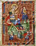 Circa 1100 A.D., Polirone Abbey, San Benedetto Po, Italy. King David playing a rotte (psaltery), with other musicians on fiddle, bell, bagpipe and horn, from the Musicians from the Psalter of Polirone.