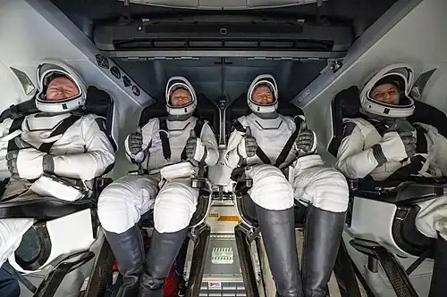 From left, Wilmore, Gorbunov, Hague, and Williams inside Crew Dragon Freedom after splashdown