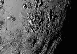 Tenzing Montes on Pluto, (closeup; 14 July 2015).
