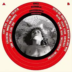 Black-and-white picture of a boy with his eyes closed, with the name of the albums and songs around him