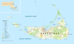 A map of the island of Nantucket pointing out various landmarks and geographic features.