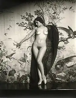 Nude photograph of a woman in heels with fabric draped over her, standing in front of a fabric scene with exotic birds