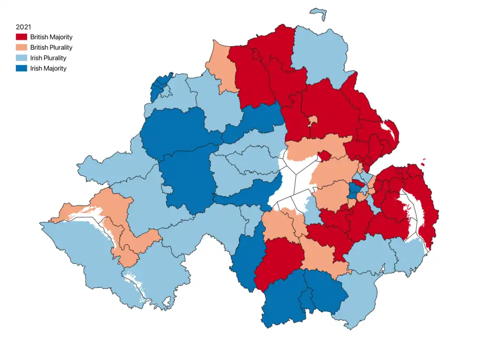 National Identity in Northern Ireland by Electoral Area 2021. British outnumbered Irish in 45 out of the 80 Electoral Areas[83]