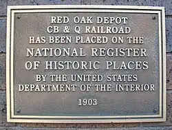National Register of Historic Places plaque, register # 99000489. The Restored Burlington Nothern Depot & World War Memorial Museum, Red Oak, Iowa