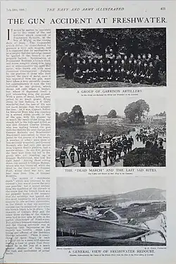 Page from The Navy and Army Illustrated magazine showing an article about a gun accident at Freshwater in 1901, including photographs of a group of Garrison Artillery and the funeral procession