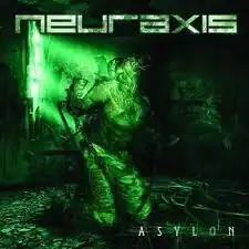 A person on their knees, in chains, writhing in agony as sunlight breaks through a single window, illuminating him. The entire cover only uses the colour green. The words "Neuraxis" and "Asylon" are written in different typefaces.