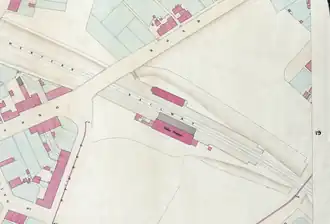 Soho Station on the 1855 New Survey of the Borough of Birmingham. The road labelled "Soho Road" is now Benson Road