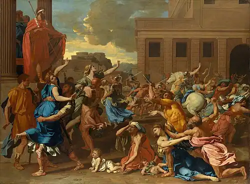 The Rape of the Sabine Women; by Nicolas Poussin; 1634–1635; oil on canvas; 1.55 × 2.1&nbsp;m; Metropolitan Museum of Art (New York City)[166]