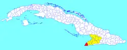 Niquero municipality (red) within Granma Province (yellow) and Cuba