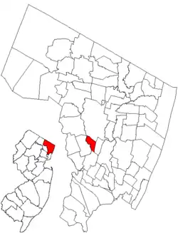 Location of Rochelle Park in Bergen County highlighted in red (right). Inset map: Location of Bergen County in New Jersey highlighted in red (left).