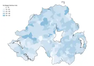 Percentage of those professing no religion identifying as Northern Irish