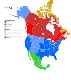 Map showing Non-Native American Nations Control over N America c. 1873
