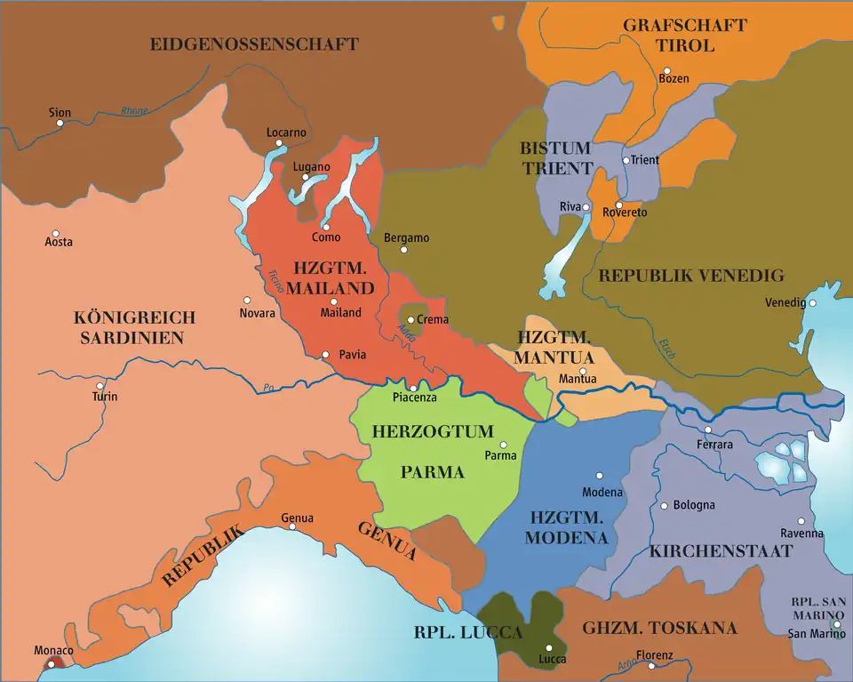 1796: northern Italy before the French invasion. &nbsp;&nbsp;Kingdom of (Piedmont–)Sardinia