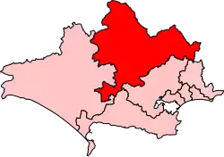 Map showing the location of the North Dorset constituency in Dorset under the boundaries created by the 2023 boundary review and first used at the 2024 general election.