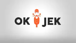 Black "OK JEK" text with an orange symbol of a person driving a motorcycle between the words.