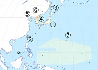 De jure map of Japan under Allied occupation. # The Japanese archipelago, placed under the authority of the Supreme Commander for the Allied Powers (de facto United States), effective 1945–1952.[a] # Japanese Taiwan and its Spratly Islands, placed under the authority of China. # Karafuto Prefecture and the Kuril Islands, placed under the authority of the Soviet Union. # Japanese Korea south of the 38th parallel north, placed under the authority of the United States Army Military Government in Korea, granted independence in 1948 as the Republic of Korea (South Korea). # The Kwantung Leased Territory, a Japanese colony occupied by the Soviet Union 1945–1955, returned to China in 1955. # Japanese Korea north of the 38th parallel north, placed under the authority of the Soviet Civil Administration, granted independence in 1948 as the Democratic People's Republic of Korea (North Korea) # The South Seas Mandate, a Japanese colony in the name of the League of Nations, occupied by the United States 1945–1947, converted into the Trust Territory of the Pacific Islands of the United Nations under the US administration in 1947.