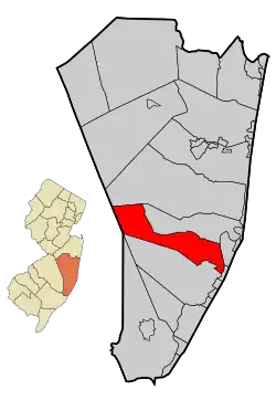 Location of Barnegat Township in Ocean County highlighted in red (right). Inset map: Location of Ocean County in New Jersey highlighted in orange (left).