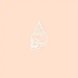 A skull wearing a child's party hat, on a light orange background.