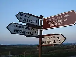 n old fashioned road sign depicting Mullagh as being 3/4 of a mile away