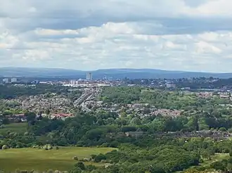 View of Oldham from Hartshead Pike, 2.5 miles (4.0&nbsp;km) away.