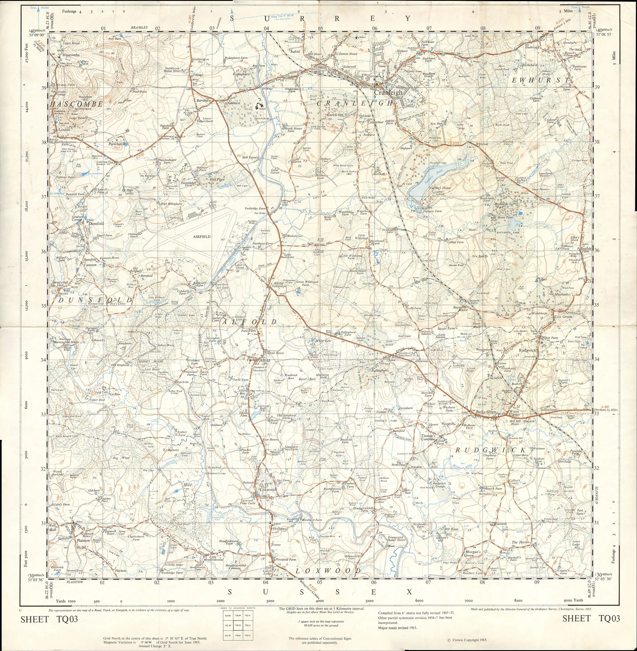 Ordnance Survey map of the Baynards station area showing the rail connection between the Steetley chemical works and the Cranleigh line
