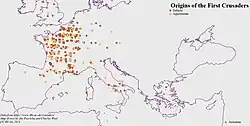 Origin of the known participants on the First Crusade