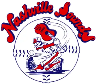 A red, white, and blue cartoon baseball player swinging at a baseball with a guitar in place of a bat, set against a baseball with "Nashville Sounds" written above in red letters with blue border