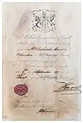 Original warrant granted by Queen Victoria to Richard Moseley of Hawkes, Moseley & Co. in 1837