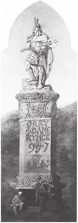 Black-and-white illustration of a stone monument depicting an axe-wielding Viking