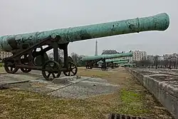 Bronze cannons displayed in an open area