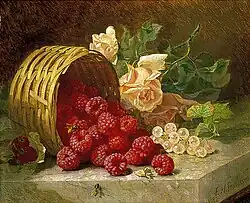 Overturned basket with raspberries, white currants and roses (1882), Norfolk Museums Collections