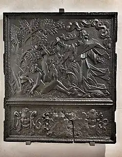 Furnace plate from Fossum Ironworks with Ove Gjedde and his wife's coat of arms