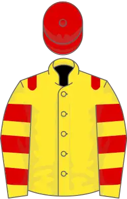 Yellow, red epaulets, hooped sleeves, red cap