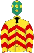 Yellow, red chevrons, emerald green cap, yellow spots