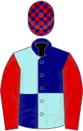 Navy Blue and Pale Blue (quartered), Red sleeves, Navy and Red check cap