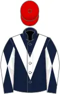 Dark blue, white chevron, diabolo on sleeves, red cap