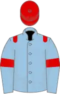 Light blue, red epaulets, light blue sleeves, red armlets, red cap