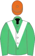 Emerald green, white chevron, orange cap