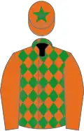 Orange, green diamonds on body, star on cap