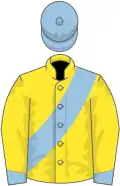 Yellow, light blue sash, cuffs and cap