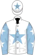 White, light blue star, light blue sleeves, white stars, white cap, light blue star