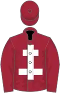 Maroon, white cross of lorraine