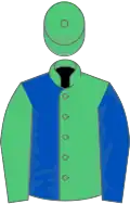 Emerald green and royal blue halved, sleeves reversed, emerald green cap