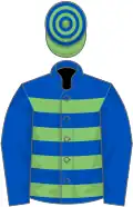 Royal blue and light green hoops, royal blue sleeves, light green and royal blue hooped cap