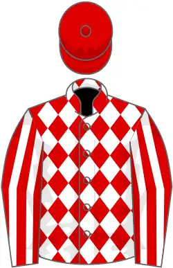 White and red diamonds, striped sleeves, red cap